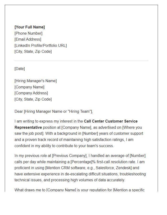 Call Center Customer Service Representative Cover Letter Template