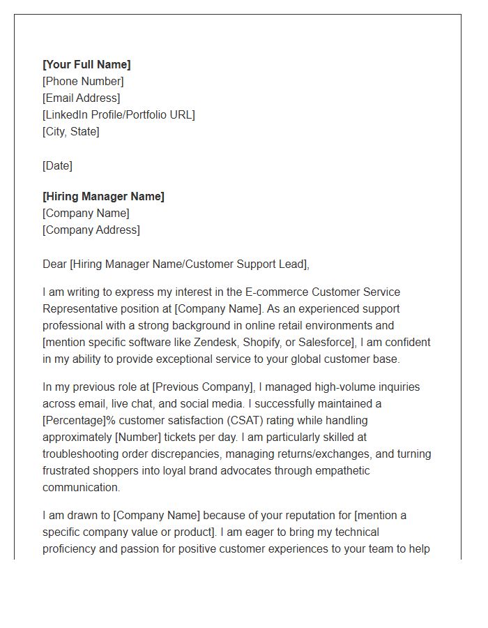 E-commerce Customer Service Representative Cover Letter Template