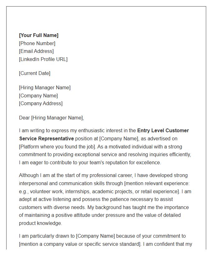 Entry Level Customer Service Representative Cover Letter Template