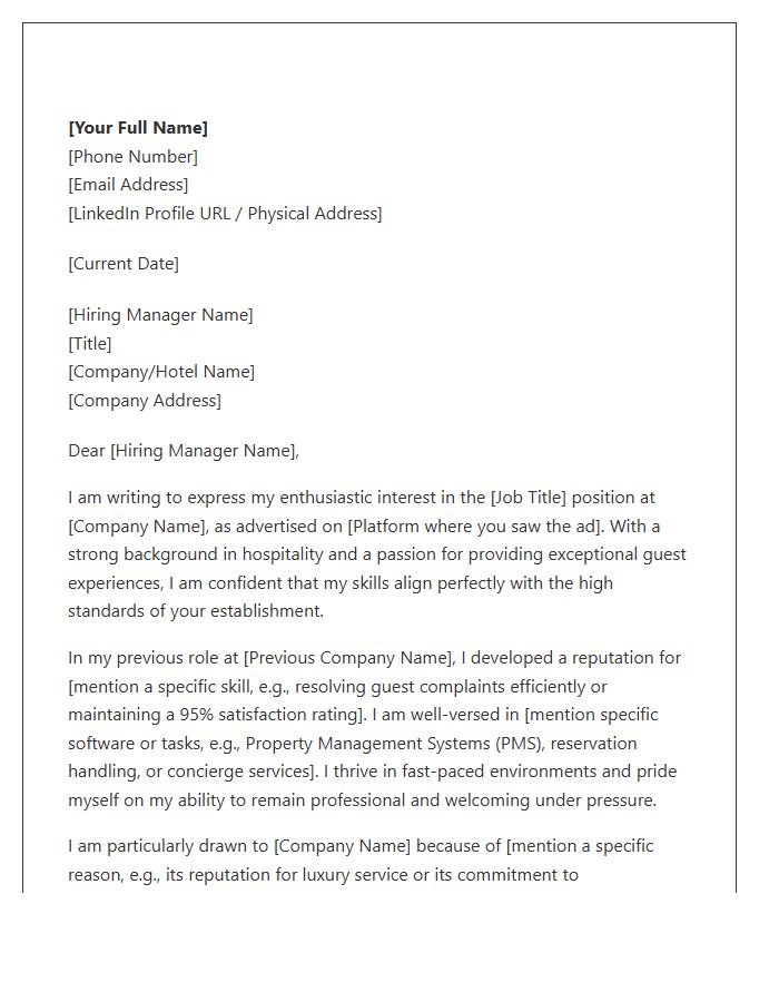 Hospitality Customer Service Representative Cover Letter Template