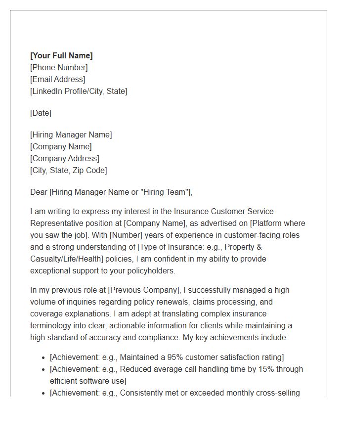Insurance Customer Service Representative Cover Letter Template