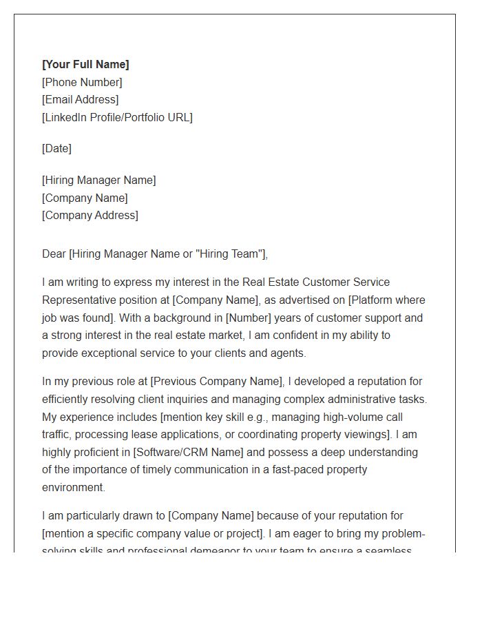 Real Estate Customer Service Representative Cover Letter Template