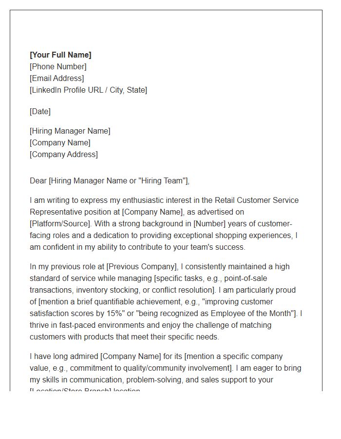 Retail Customer Service Representative Cover Letter Template