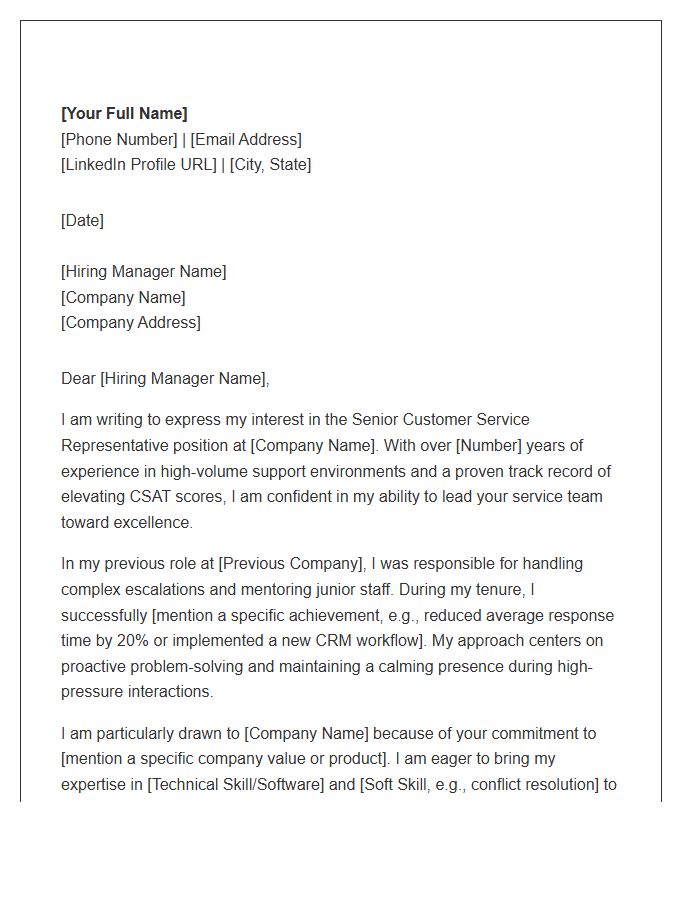 Senior Customer Service Representative Cover Letter Template