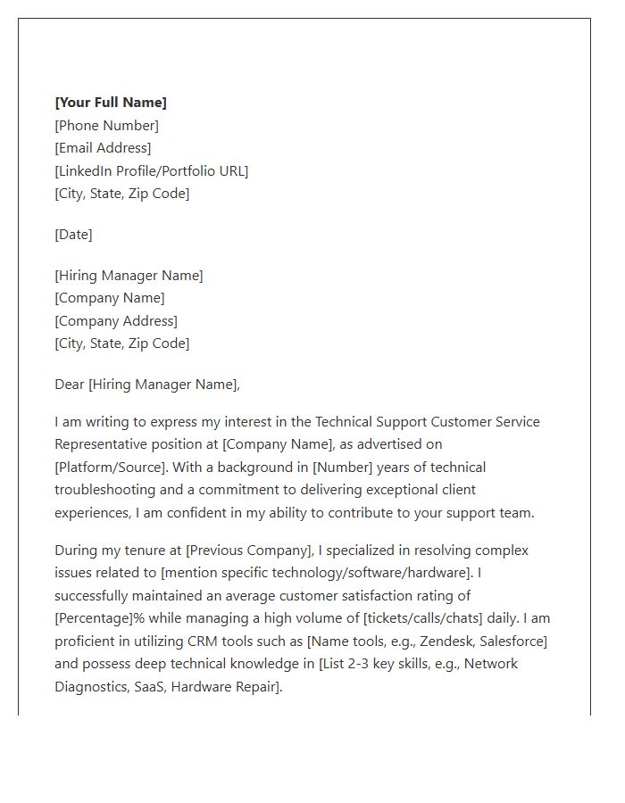 Technical Support Customer Service Representative Cover Letter Template