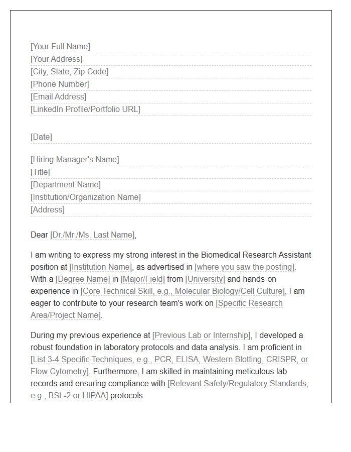 Biomedical Research Assistant Cover Letter Template