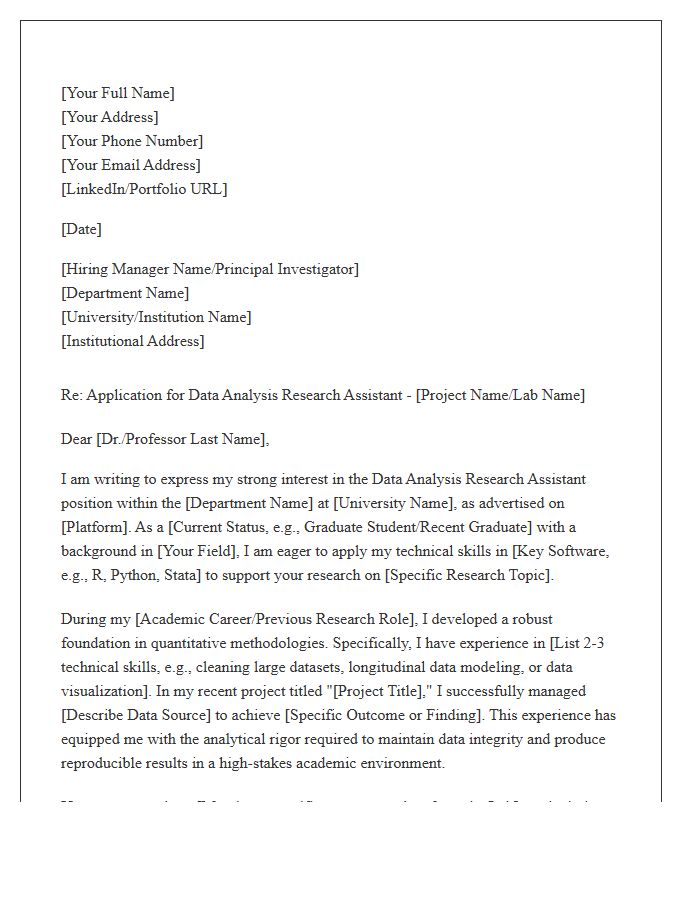 Data Analysis Academic Research Assistant Cover Letter Template