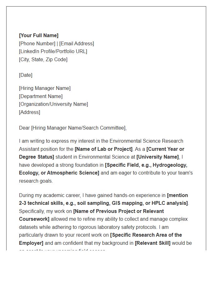 Environmental Science Research Assistant Cover Letter Template