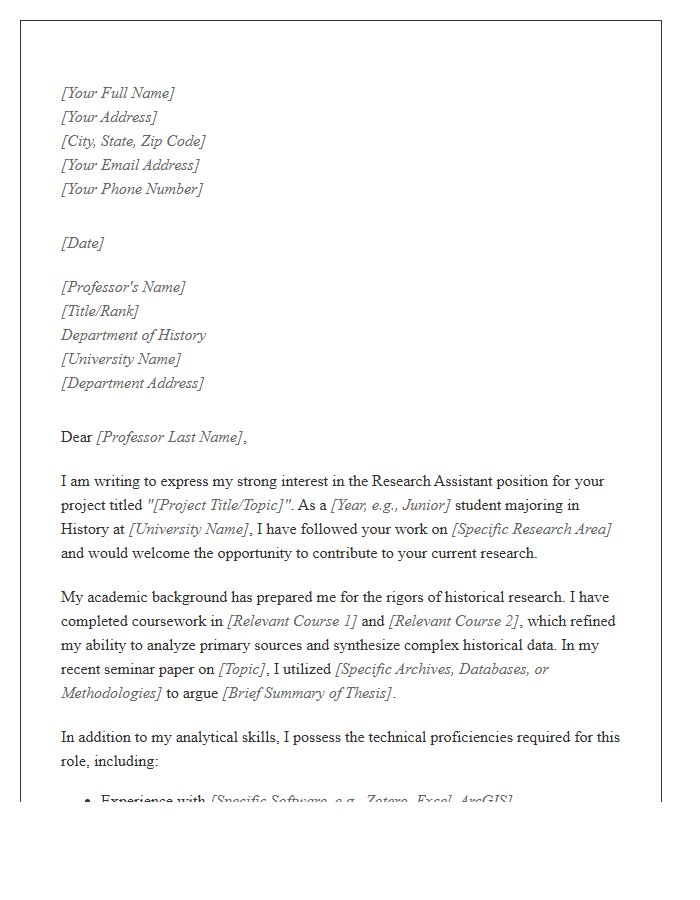 History Department Research Assistant Cover Letter Template