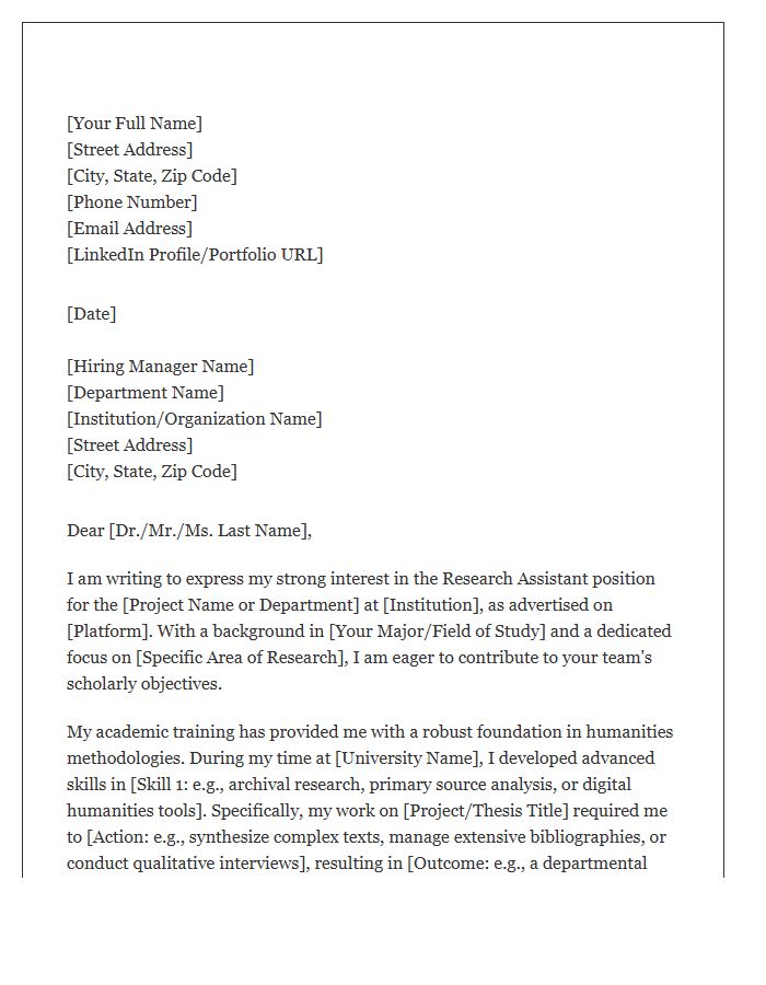 Humanities Research Assistant Cover Letter Template