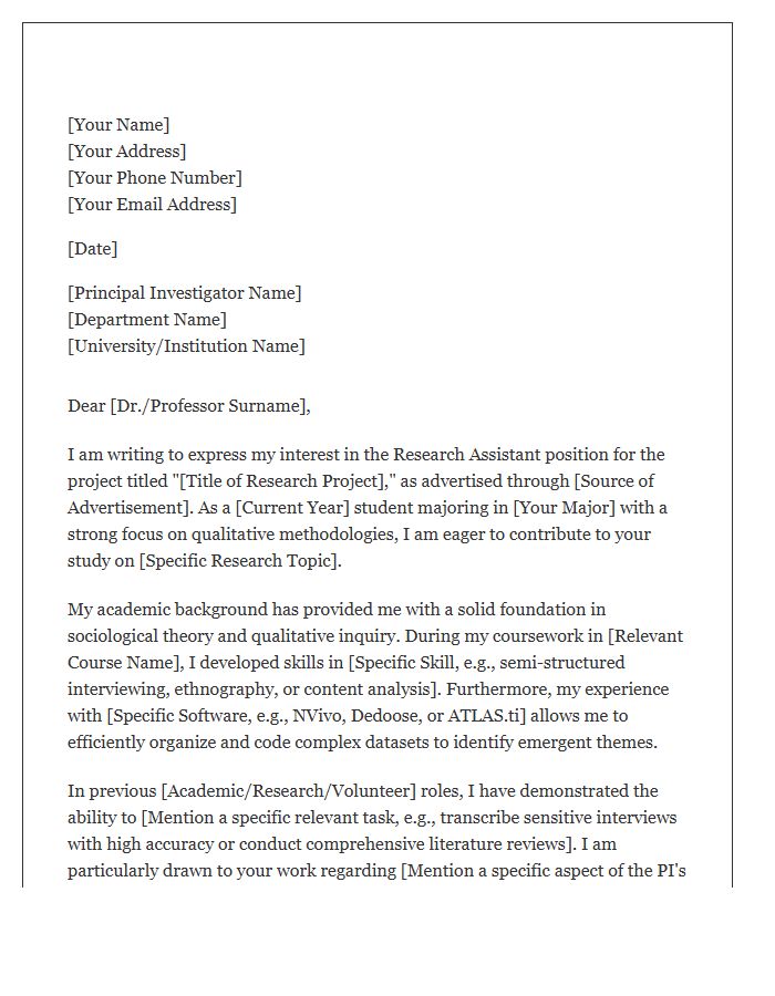 Qualitative Sociology Research Assistant Cover Letter Template