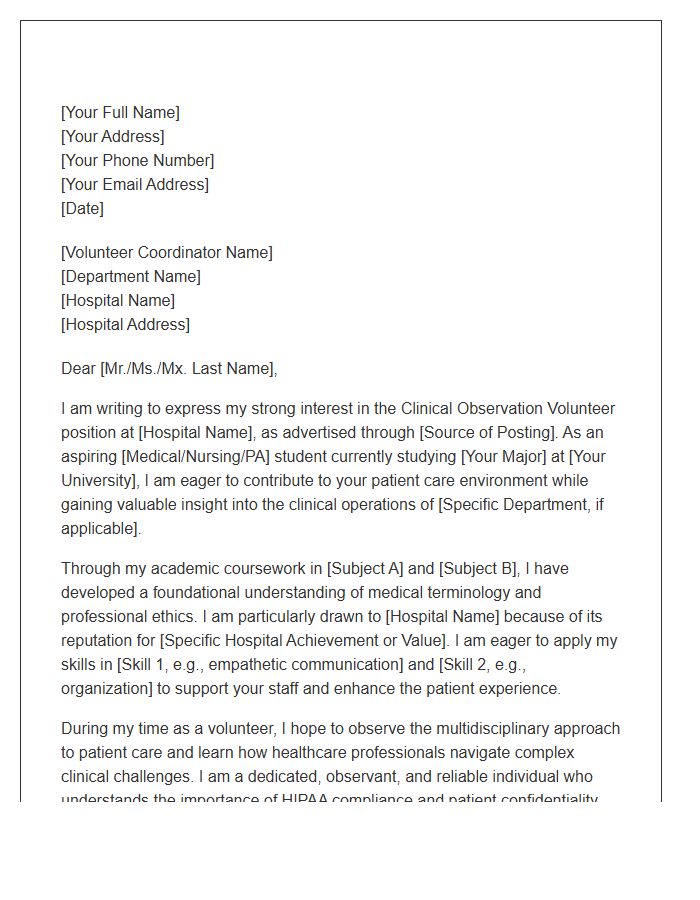 Clinical Observation Hospital Volunteer Cover Letter Template