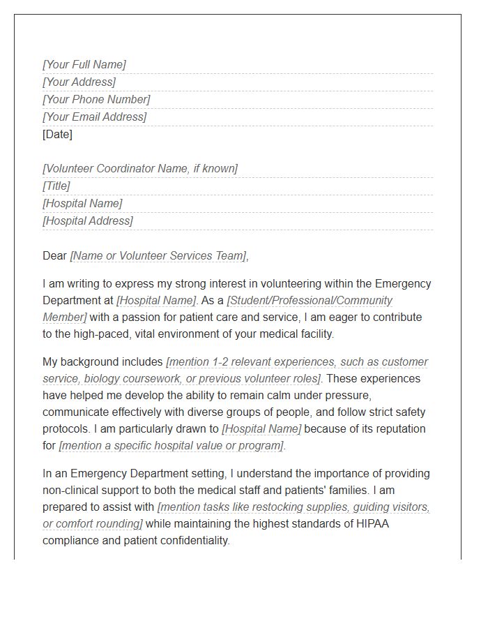 Emergency Department Hospital Volunteer Cover Letter Template