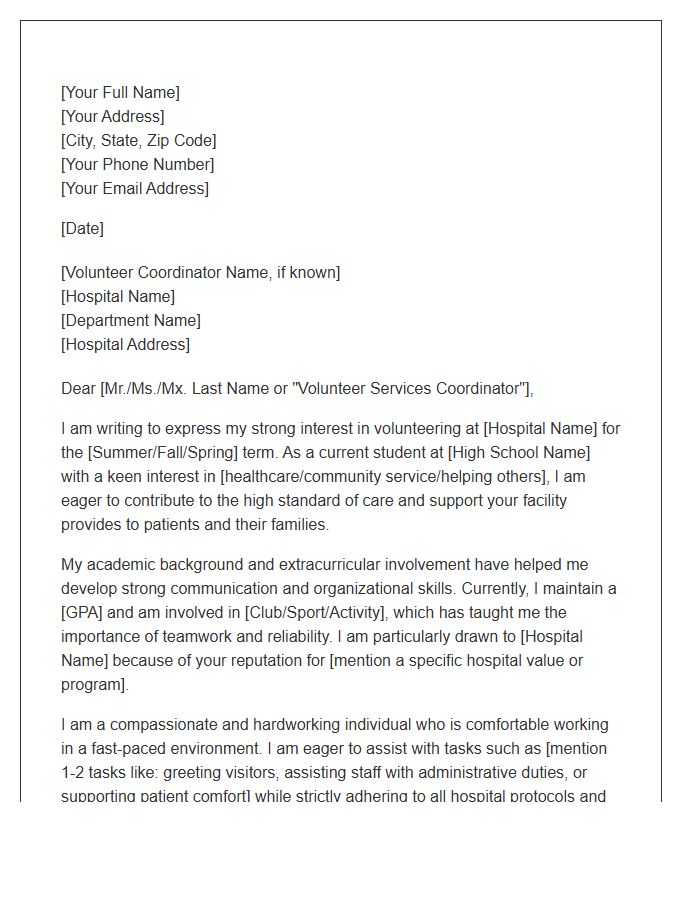 High School Student Hospital Volunteer Cover Letter Template