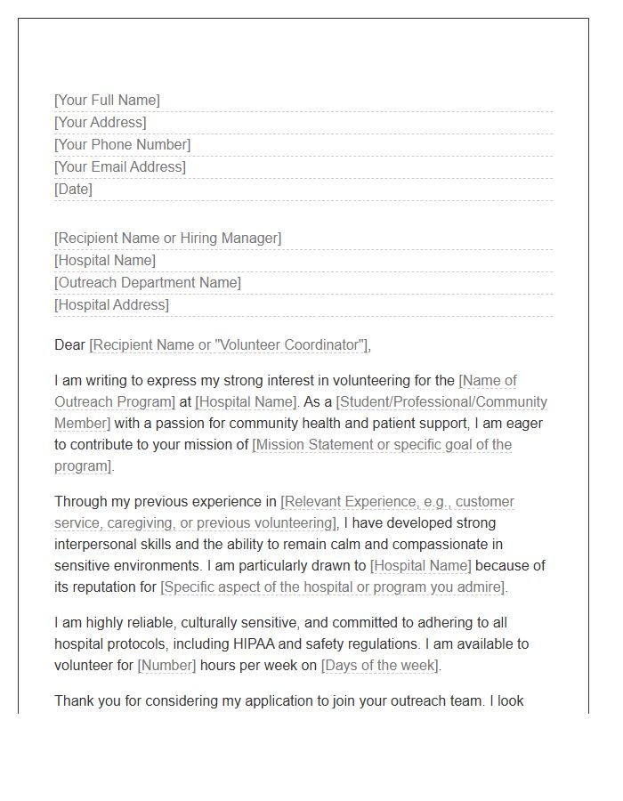 Hospital Outreach Program Volunteer Cover Letter Template