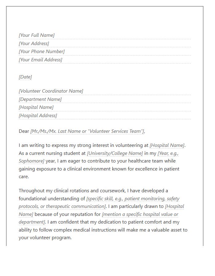Nursing Student Hospital Volunteer Cover Letter Template