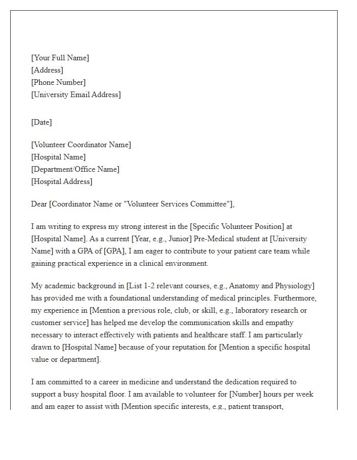 Pre Med Student Hospital Volunteer Cover Letter Template