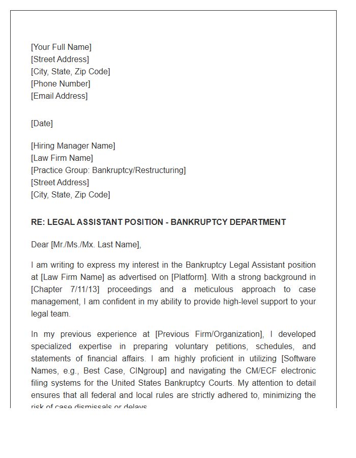 Bankruptcy Law Legal Assistant Professional Cover Letter Template