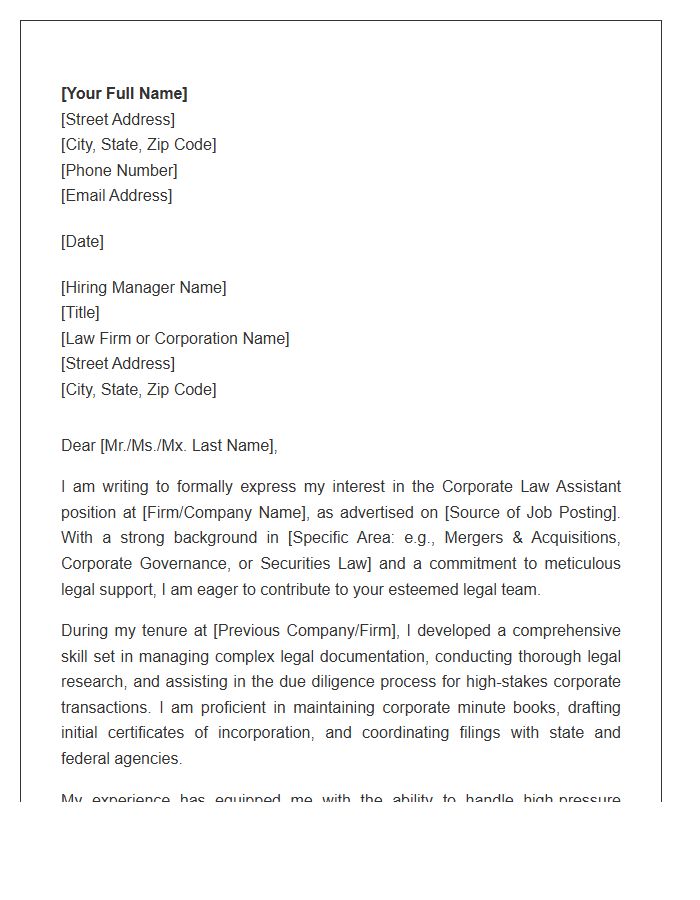 Corporate Law Assistant Professional Cover Letter Template