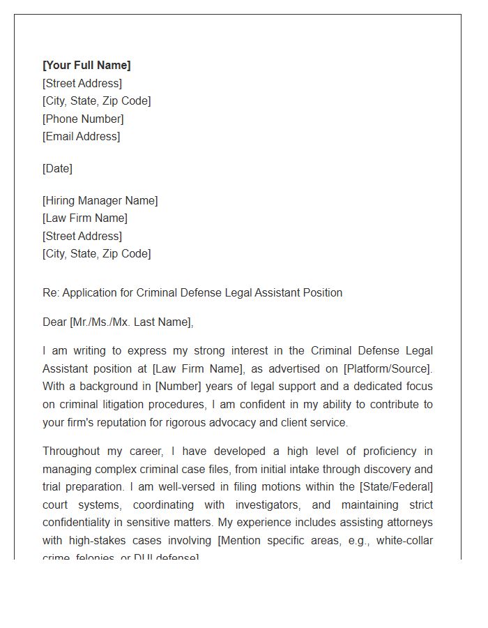 Criminal Defense Legal Assistant Professional Cover Letter Template