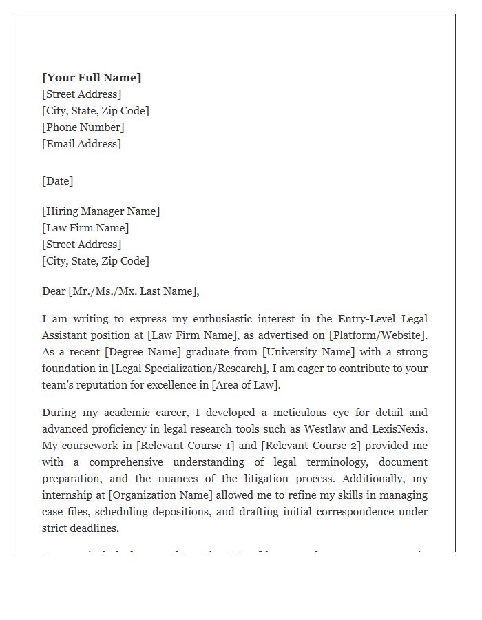 Entry Level Legal Assistant Professional Cover Letter Template