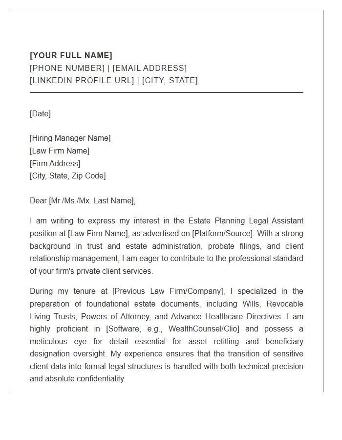 Estate Planning Legal Assistant Professional Cover Letter Template