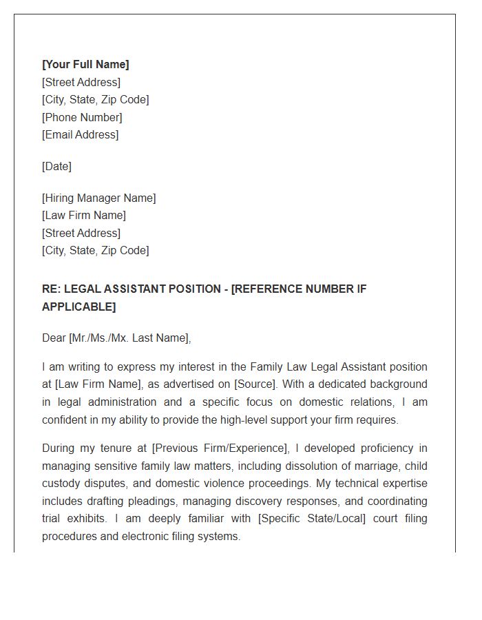 Family Law Legal Assistant Professional Cover Letter Template