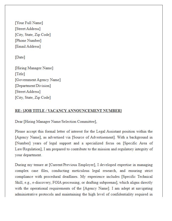 Government Agency Legal Assistant Professional Cover Letter Template