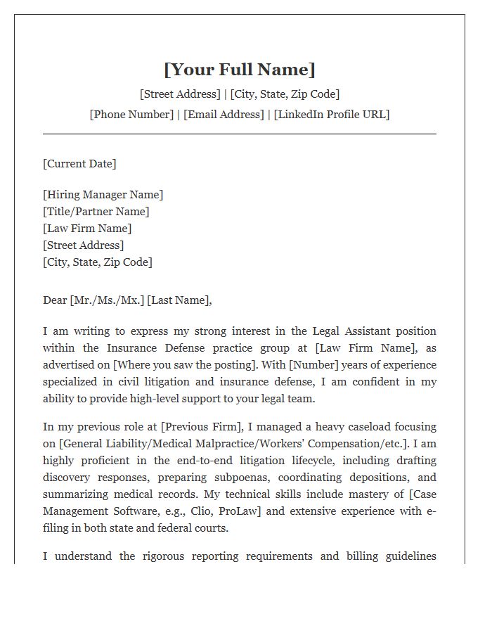 Insurance Defense Legal Assistant Professional Cover Letter Template