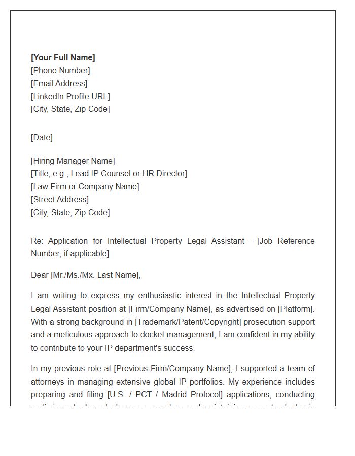 Intellectual Property Legal Assistant Professional Cover Letter Template