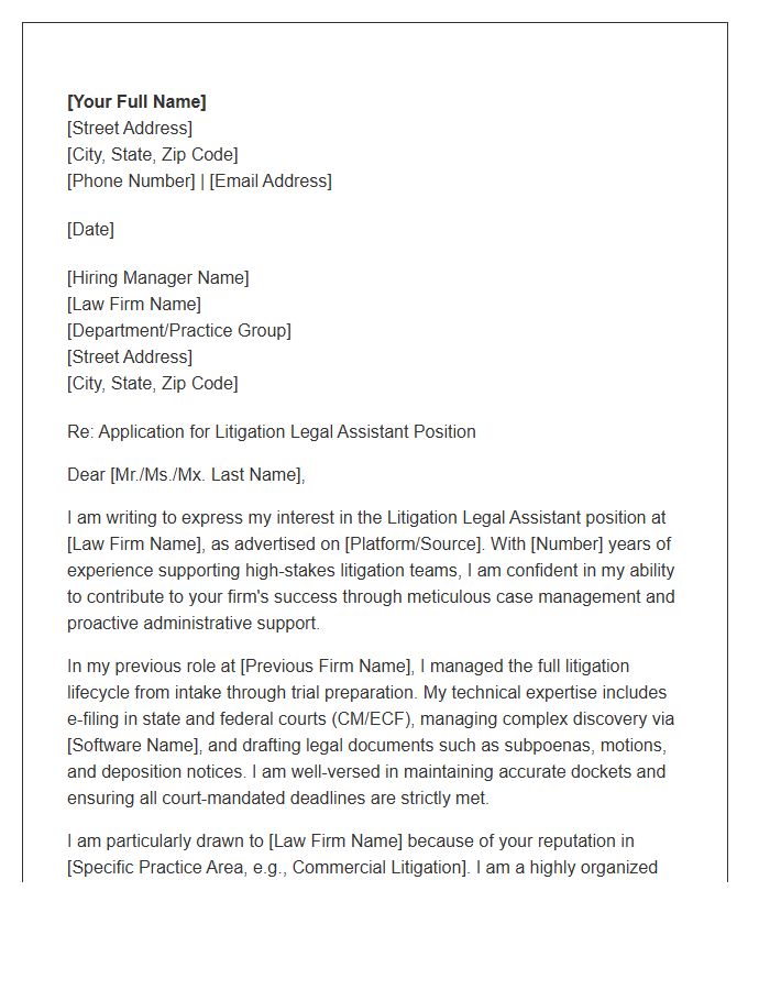 Litigation Legal Assistant Professional Cover Letter Template