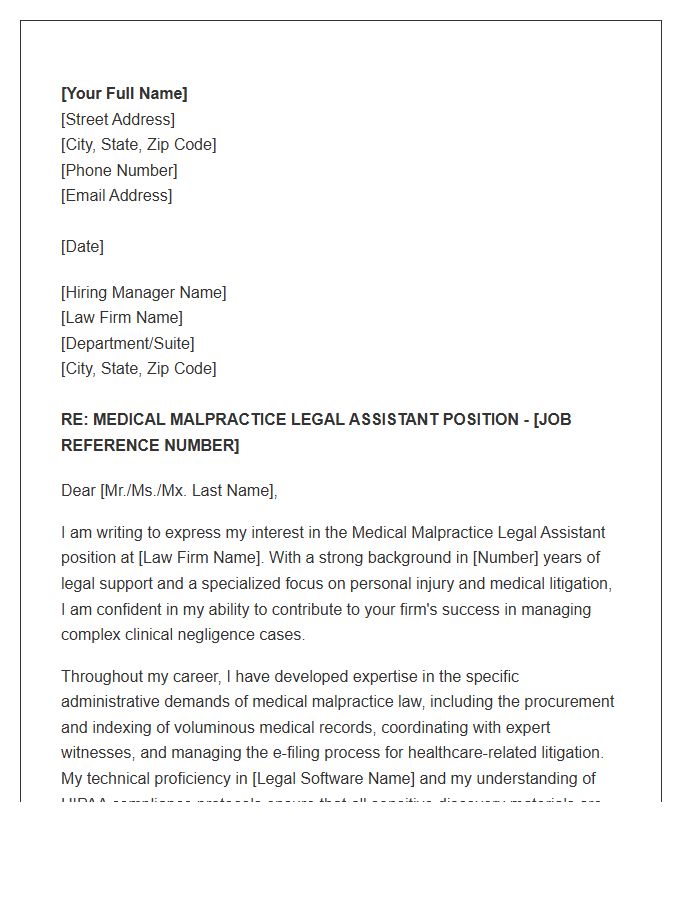 Medical Malpractice Legal Assistant Professional Cover Letter Template