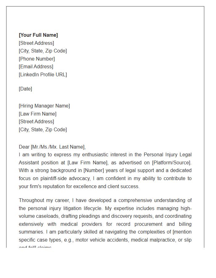 Personal Injury Legal Assistant Professional Cover Letter Template