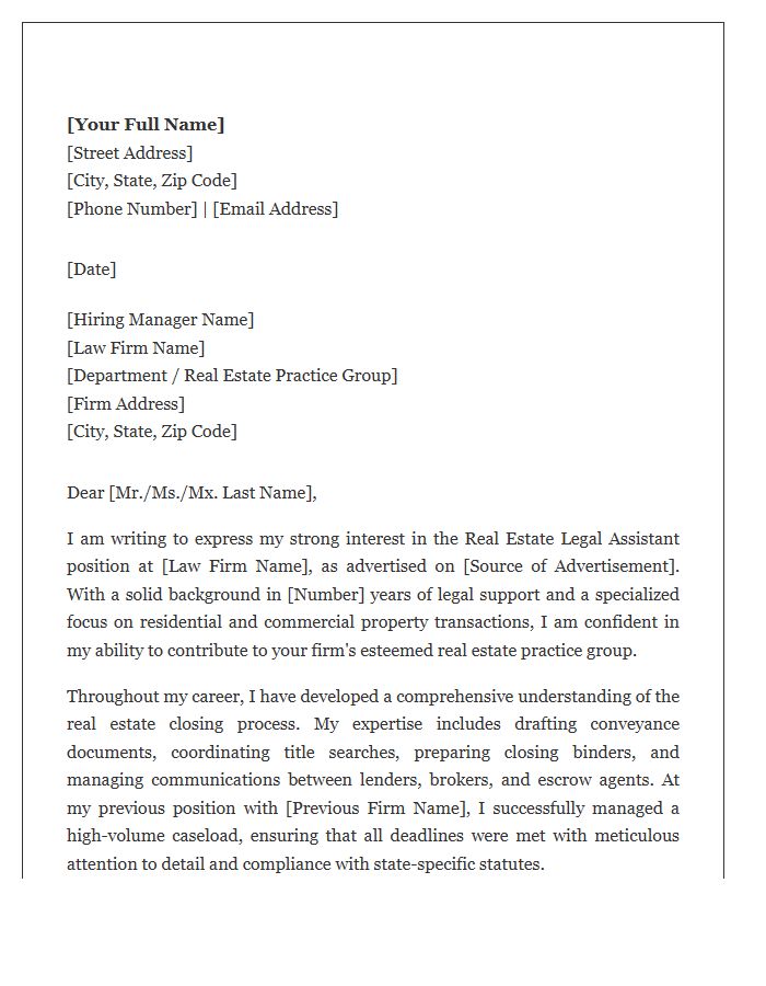 Real Estate Law Legal Assistant Professional Cover Letter Template
