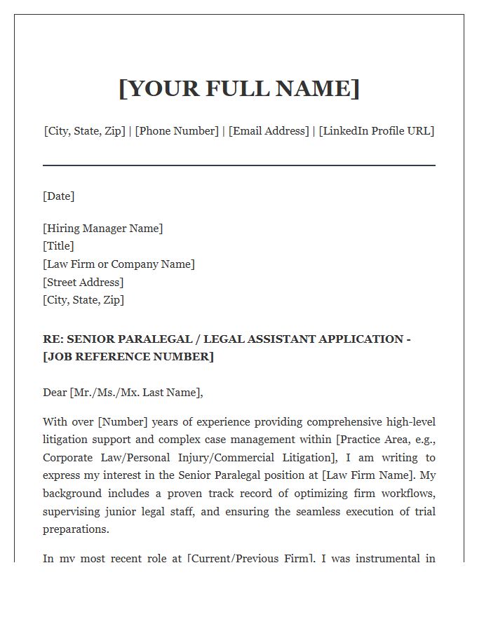 Senior Paralegal Legal Assistant Professional Cover Letter Template