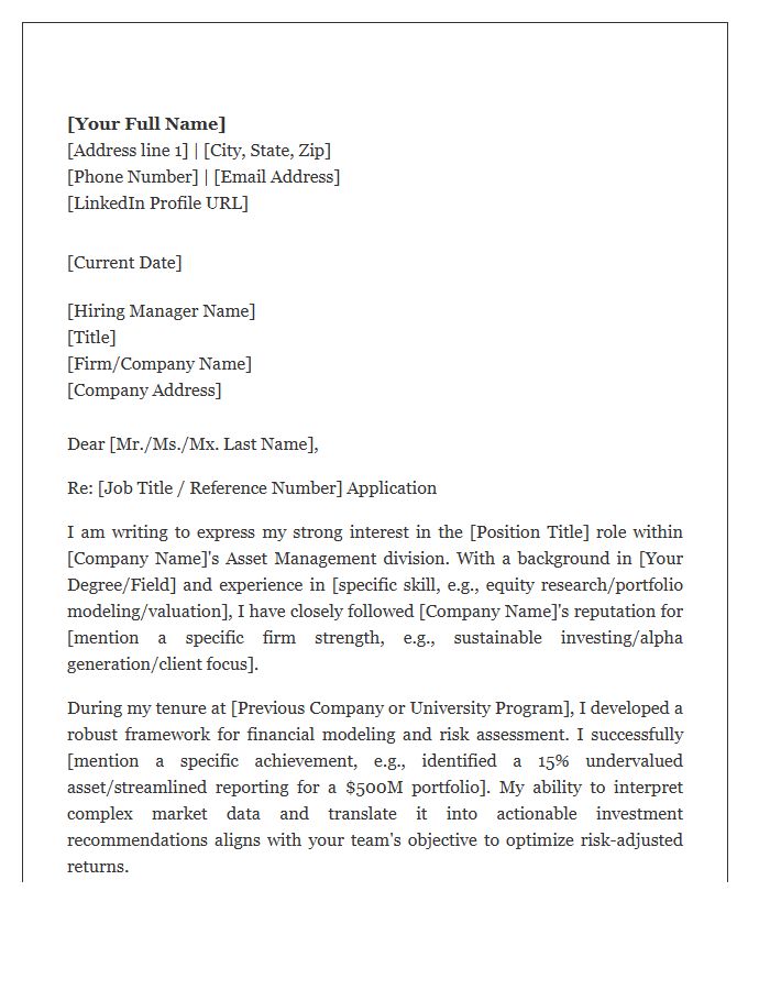 Asset Management Financial Analyst Cover Letter Template