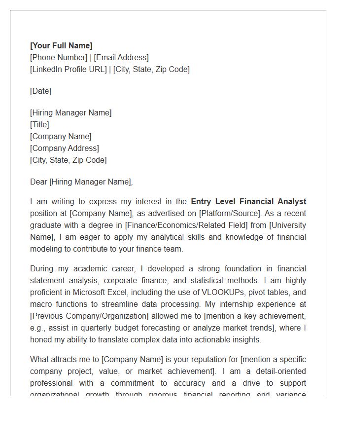 Entry Level Financial Analyst Career Cover Letter Template