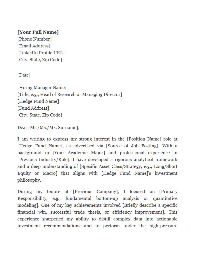 Hedge Fund Financial Analyst Cover Letter Template