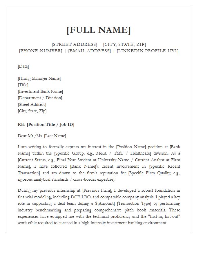 Investment Banking Financial Analyst Cover Letter Template