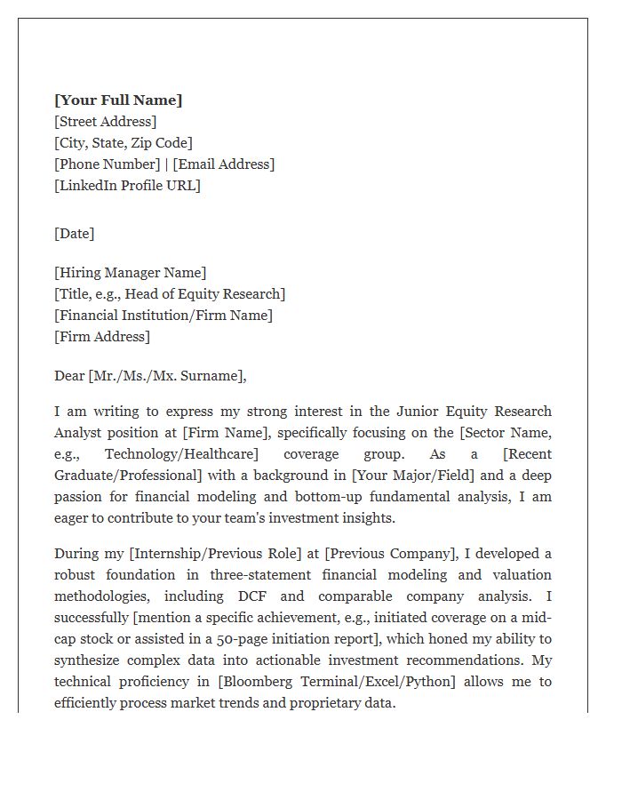 Junior Equity Research Analyst Cover Letter Template