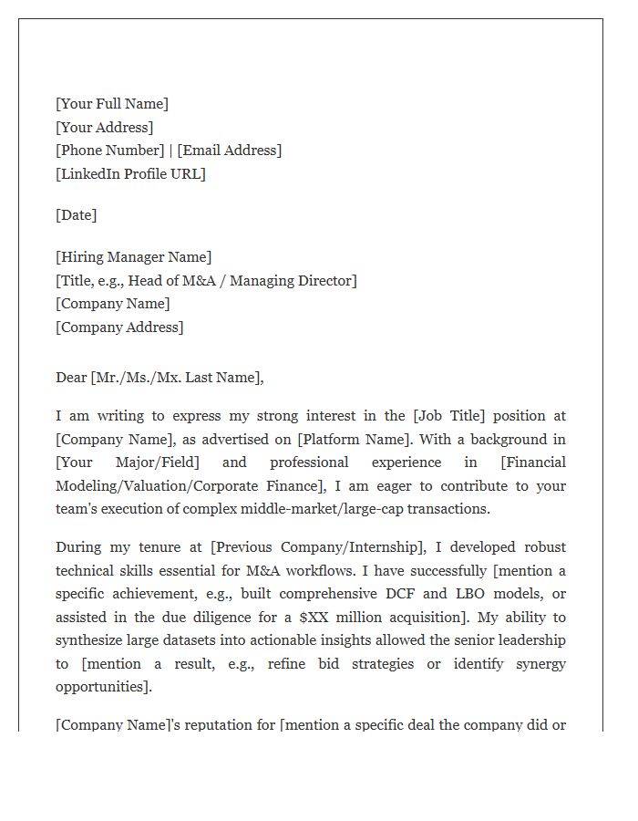 Mergers And Acquisitions Financial Analyst Cover Letter Template