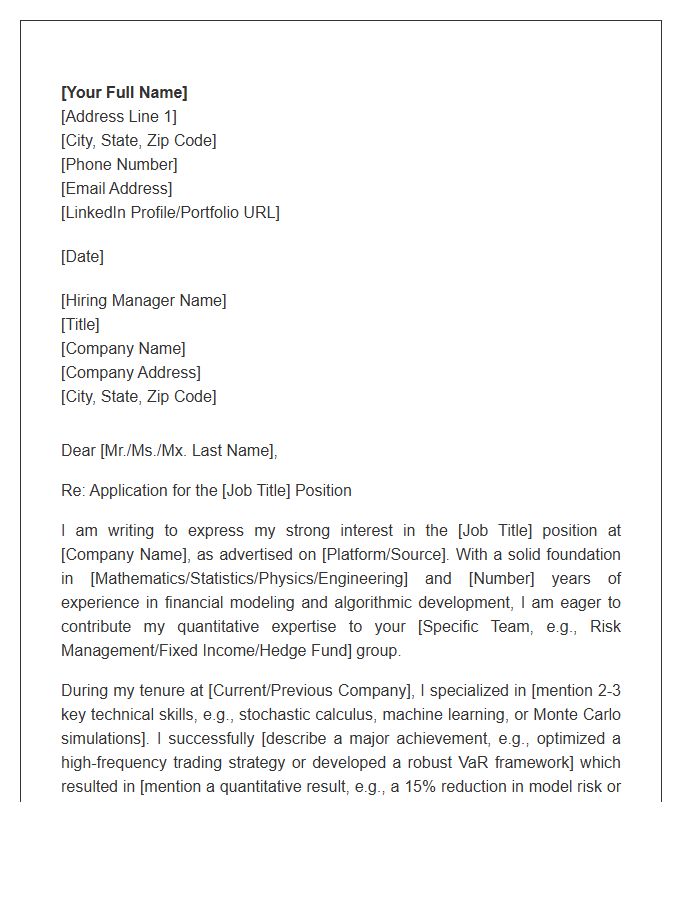 Quantitative Financial Analyst Career Cover Letter Template