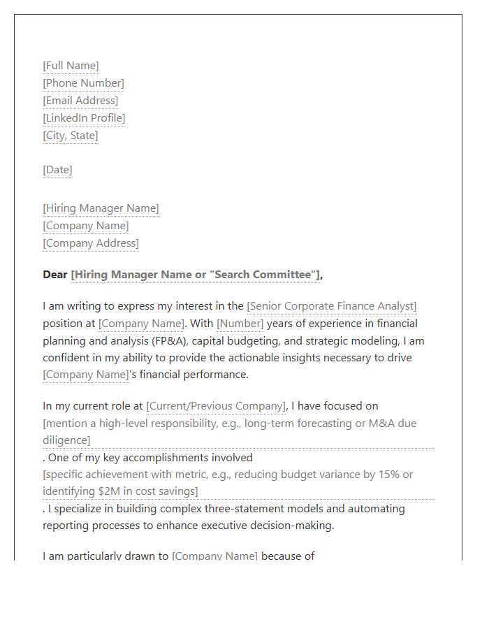 Senior Corporate Finance Analyst Cover Letter Template