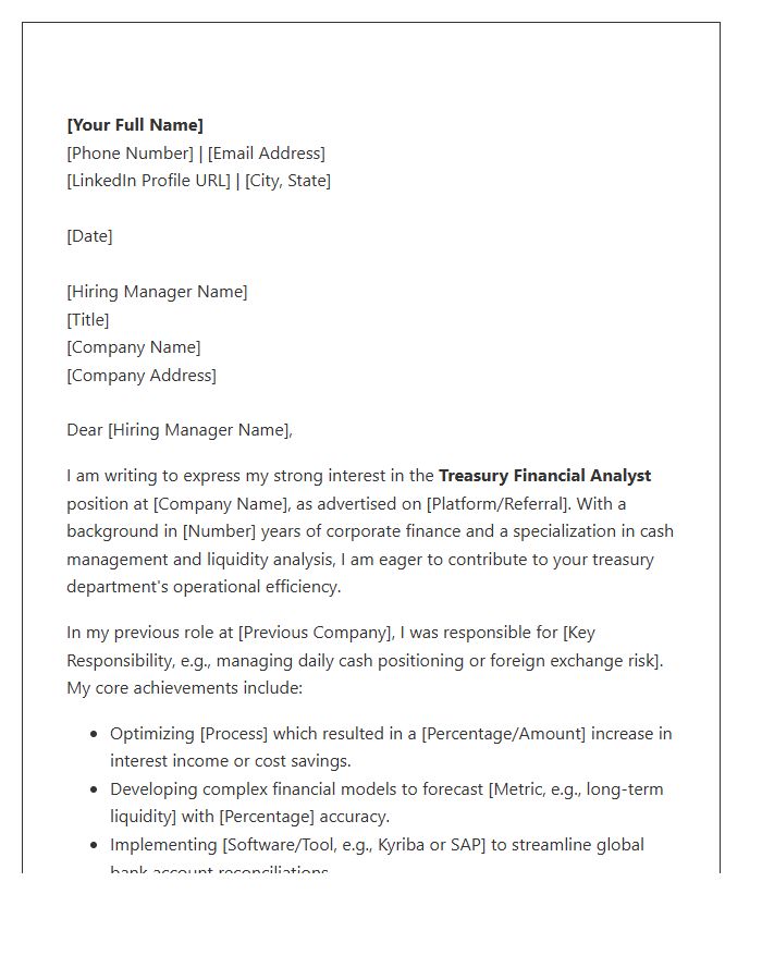Treasury Financial Analyst Career Cover Letter Template