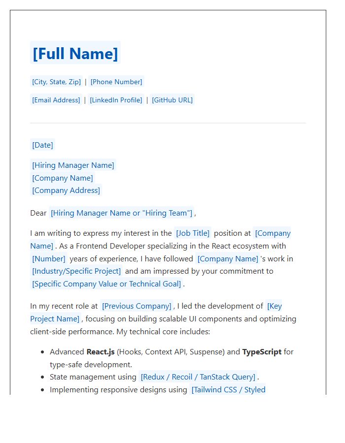 Frontend React Developer Technical Cover Letter Template