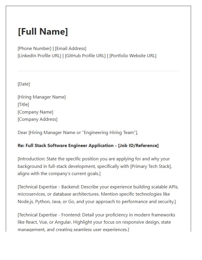Full Stack Software Engineer Technical Cover Letter Template