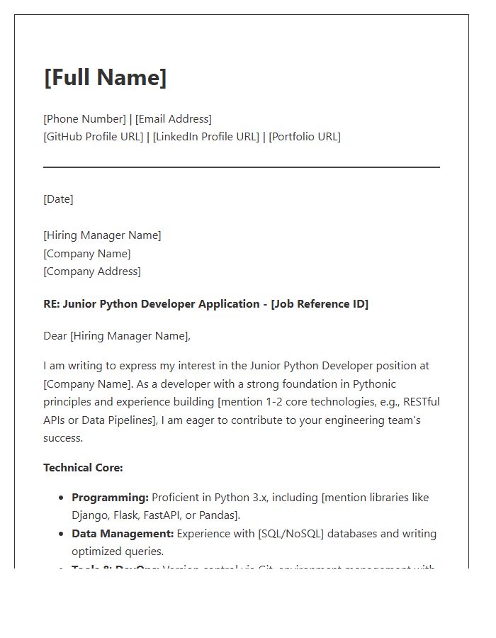 Junior Python Developer Technical Cover Letter Template