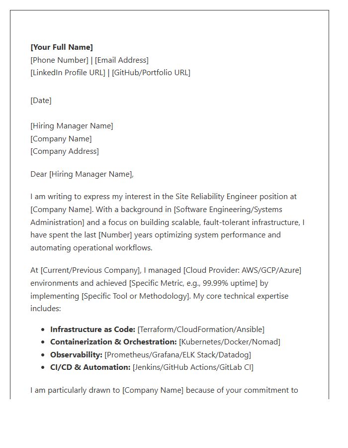 Site Reliability Engineer Technical Cover Letter Template