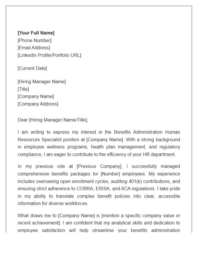 Benefits Administration Human Resources Specialist Cover Letter Template