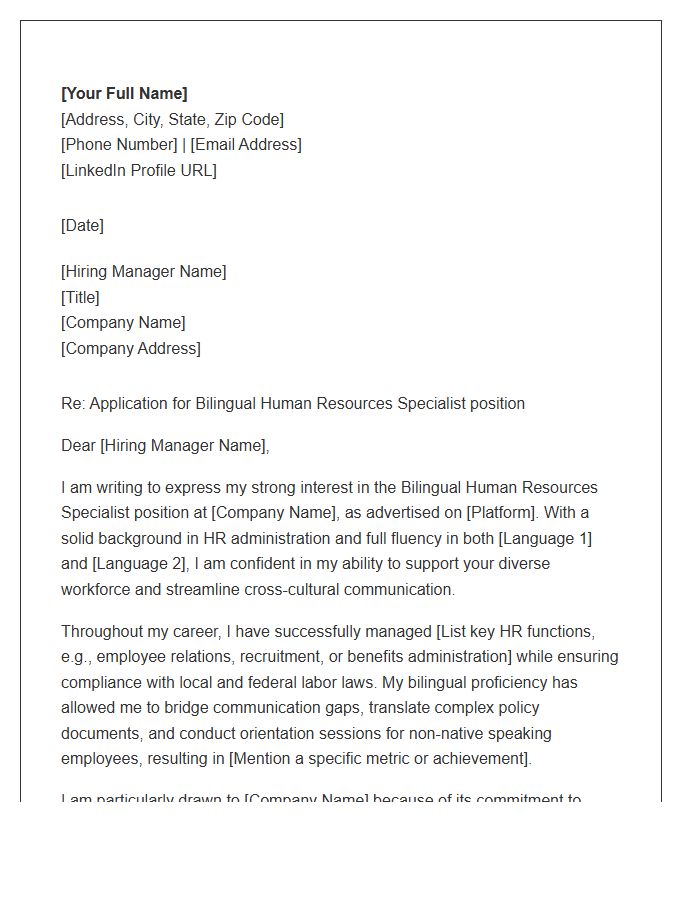 Bilingual Human Resources Specialist Cover Letter Template